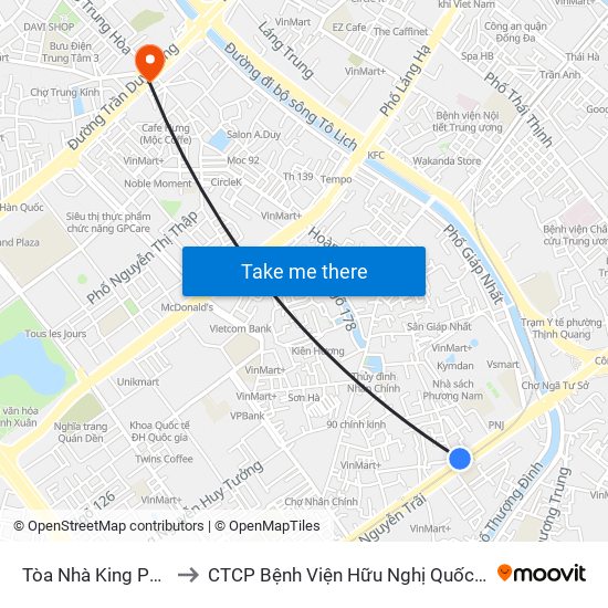 Tòa Nhà King Palace - 108 Nguyễn Trãi to CTCP Bệnh Viện Hữu Nghị Quốc Tế Hà Nội Viện Thẩm Mỹ Quốc Tế DR.Han map