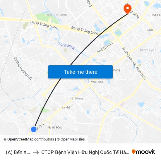 (A) Bến Xe Yên Nghĩa to CTCP Bệnh Viện Hữu Nghị Quốc Tế Hà Nội Viện Thẩm Mỹ Quốc Tế DR.Han map