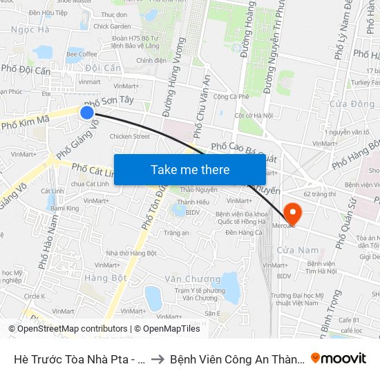 Hè Trước Tòa Nhà Pta - Số 1 Kim Mã to Bệnh Viên Công An Thành Phố Hà Nội map