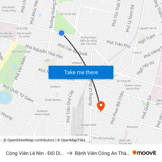Công Viên Lê Nin - Đối Diện 35 Trần Phú to Bệnh Viên Công An Thành Phố Hà Nội map