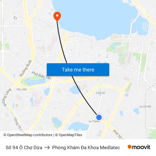 Số 94 Ô Chợ Dừa to Phòng Khám Đa Khoa Medlatec map
