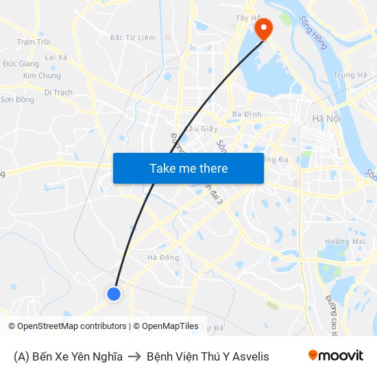 (A) Bến Xe Yên Nghĩa to Bệnh Viện Thú Y Asvelis map