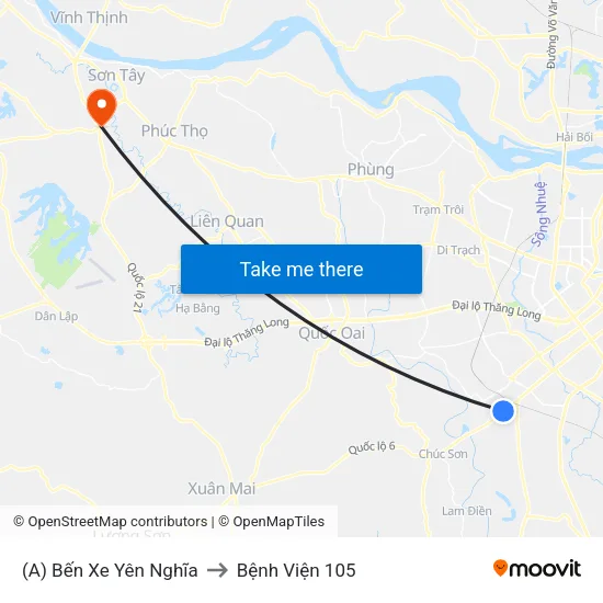 (A) Bến Xe Yên Nghĩa to Bệnh Viện 105 map