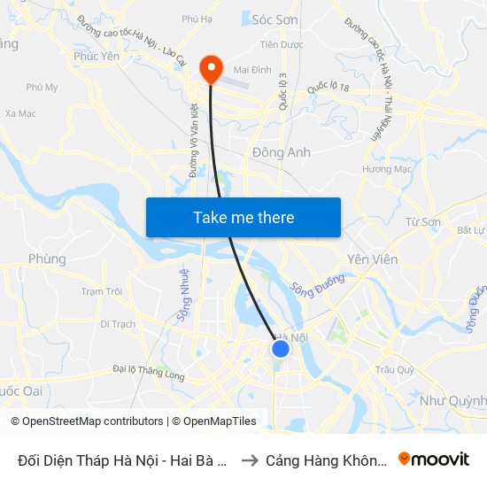 Đối Diện Tháp Hà Nội - Hai Bà Trưng (Cạnh 56 Hai Bà Trưng) to Cảng Hàng Không Quốc Tế Nội Bài map