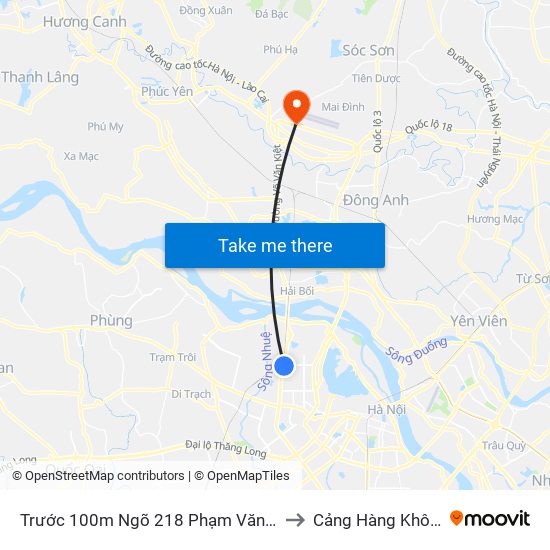 Trước 100m Ngõ 218 Phạm Văn Đồng (Đối Diện Công Viên Hòa Bình) to Cảng Hàng Không Quốc Tế Nội Bài map