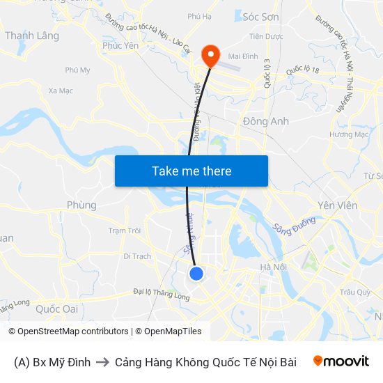 (A) Bx Mỹ Đình to Cảng Hàng Không Quốc Tế Nội Bài map