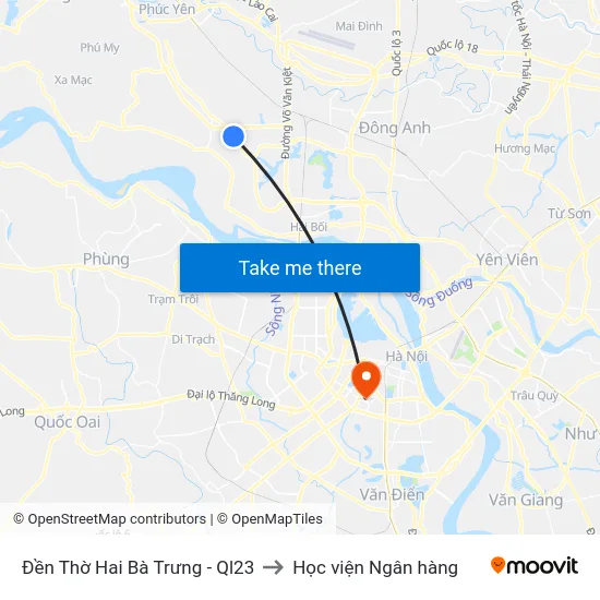 Đền Thờ Hai Bà Trưng - Ql23 to Học viện Ngân hàng map