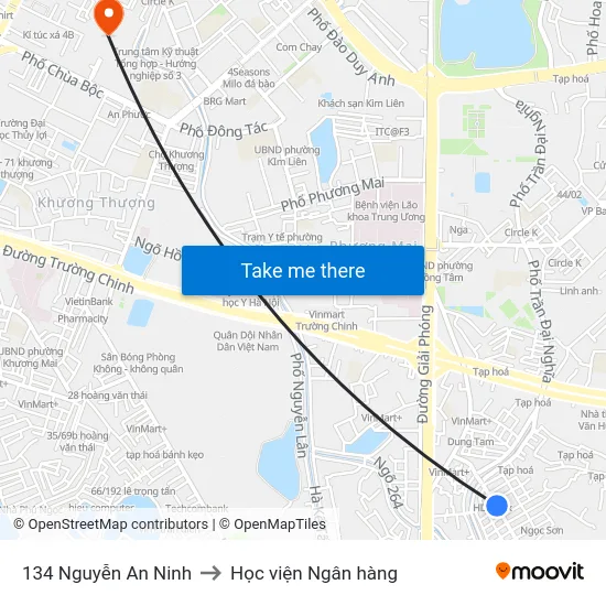 134 Nguyễn An Ninh to Học viện Ngân hàng map