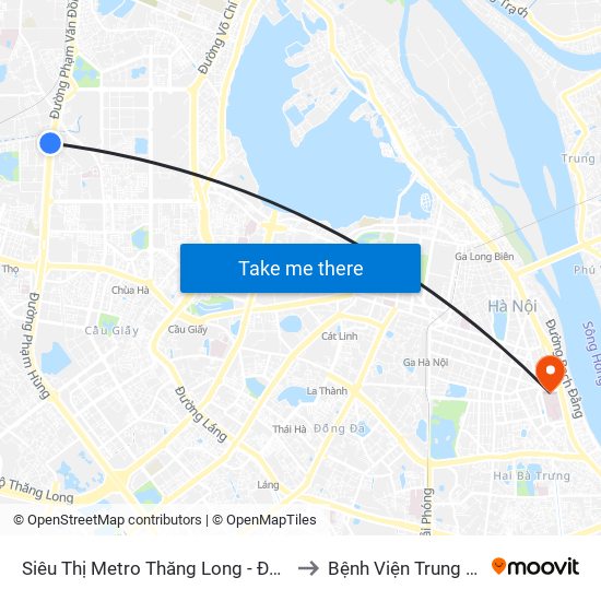 Siêu Thị Metro Thăng Long - Đối Diện Ngõ 599 Phạm Văn Đồng to Bệnh Viện Trung Ương Quân Đội 108 map