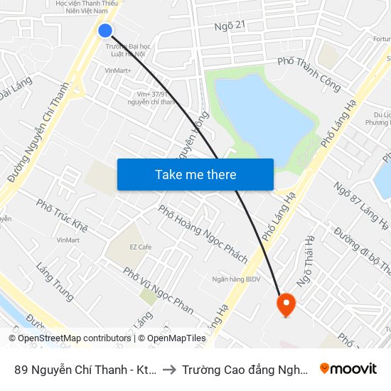 89 Nguyễn Chí Thanh - Ktx Đại Học Luật to Trường Cao đẳng Nghề Công nghiệp map