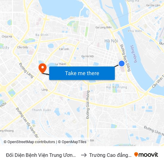Đối Diện Bệnh Viện Trung Ương Quân Đội 108 - Trần Hưng Đạo to Trường Cao đẳng Nghề Công nghiệp map