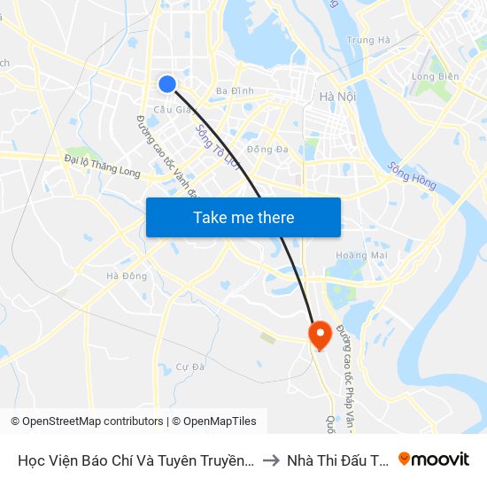 Học Viện Báo Chí Và Tuyên Truyền - 36 Xuân Thủy to Nhà Thi Đấu Thanh Trì map