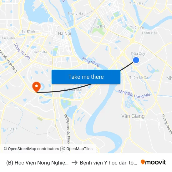 (B) Học Viện Nông Nghiệp Việt Nam to Bệnh viện Y học dân tộc Quân đội map