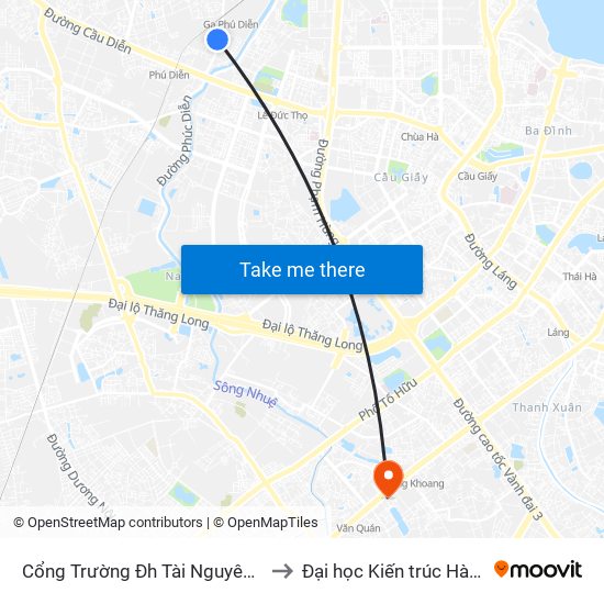 Cổng Trường Đh Tài Nguyên Môi Trường to Đại học Kiến trúc Hà Nội - HAU map