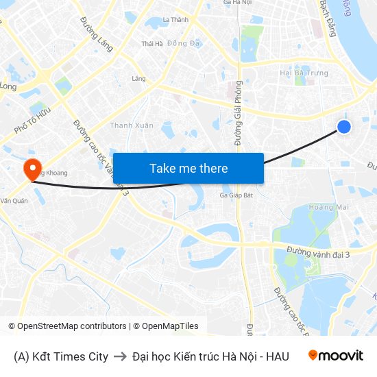 (A) Kđt Times City to Đại học Kiến trúc Hà Nội - HAU map