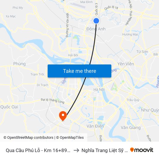 Qua Cầu Phủ Lỗ - Km 16+890 Quốc Lộ 3 to Nghĩa Trang Liệt Sỹ Hà Đông map