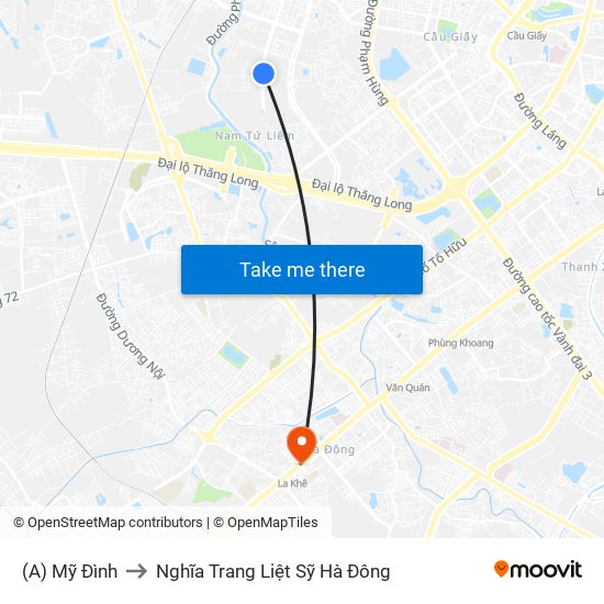 (A) Mỹ Đình to Nghĩa Trang Liệt Sỹ Hà Đông map