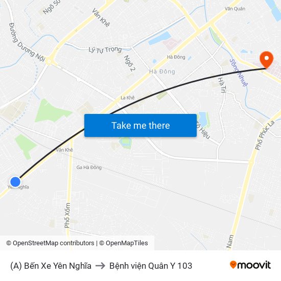 (A) Bến Xe Yên Nghĩa to Bệnh viện Quân Y 103 map