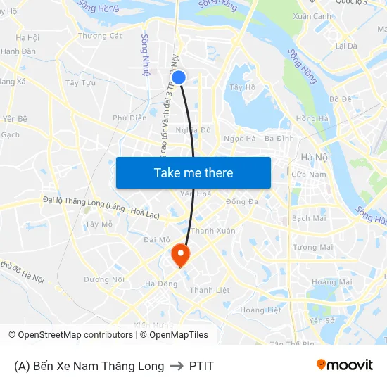 (A) Bến Xe Nam Thăng Long to PTIT map