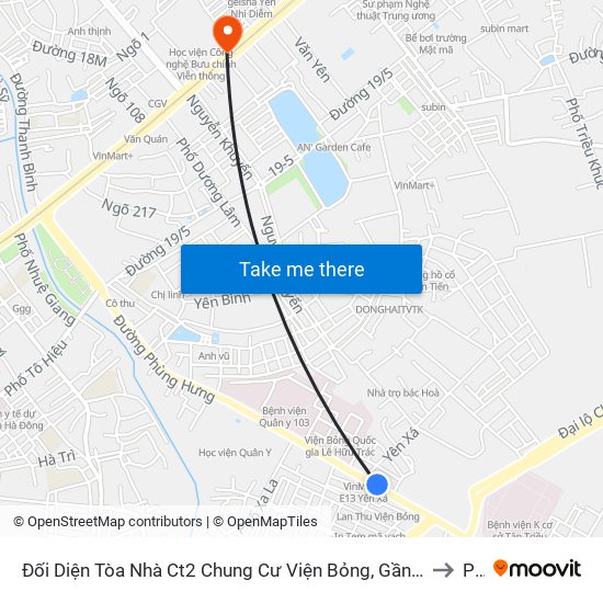 Đối Diện Tòa Nhà Ct2 Chung Cư Viện Bỏng, Gần Ngã Ba Yên Xá - Phùng Hưng (Hà Đông) to PTIT map