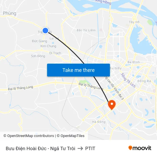 Bưu Điện Hoài Đức - Ngã Tư Trôi to PTIT map
