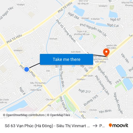 Số 63 Vạn Phúc  (Hà Đông) - Siêu Thị Vinmart Vạn Phúc to PTIT map