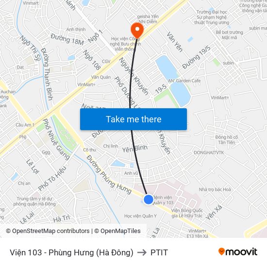 Viện 103 - Phùng Hưng (Hà Đông) to PTIT map