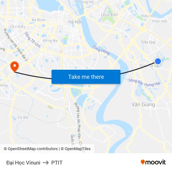 Đại Học Vinuni to PTIT map