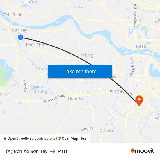 (A) Bến Xe Sơn Tây to PTIT map