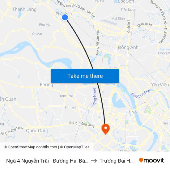 Ngã 4 Nguyễn Trãi - Đường Hai Bà Trưng - Phúc Yên to Trường Đai Học Hà Nội map