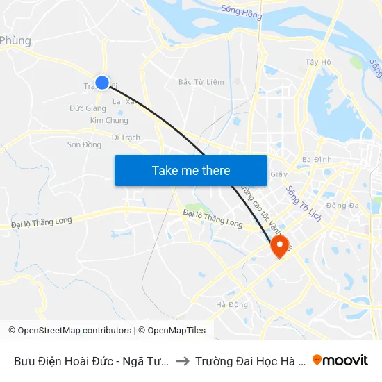 Bưu Điện Hoài Đức - Ngã Tư Trôi to Trường Đai Học Hà Nội map