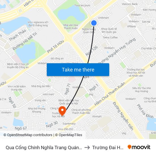 Qua Cổng Chính Nghĩa Trang Quán Dền - Nguyễn Tuân to Trường Đai Học Hà Nội map