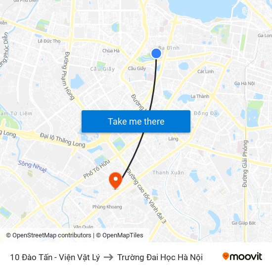 10 Đào Tấn - Viện Vật Lý to Trường Đai Học Hà Nội map