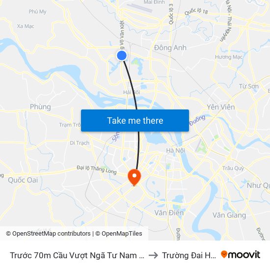 Trước 70m Cầu Vượt Ngã Tư Nam Hồng Cao Tốc Btl-Nb to Trường Đai Học Hà Nội map