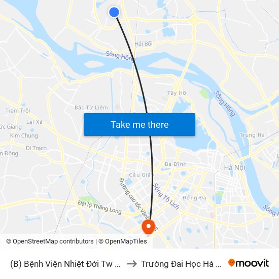 (B) Bệnh Viện Nhiệt Đới Tw Cs2 to Trường Đai Học Hà Nội map