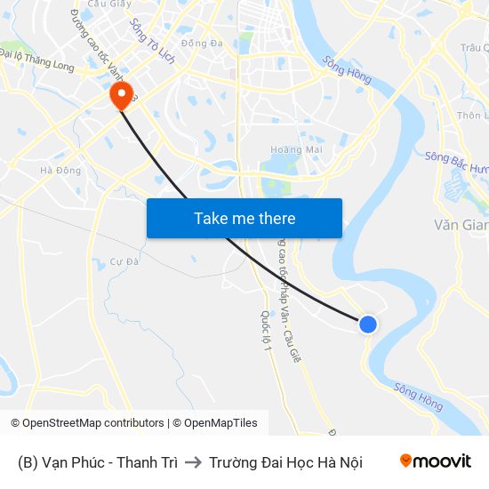 (B) Vạn Phúc - Thanh Trì to Trường Đai Học Hà Nội map