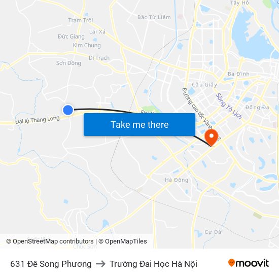 631 Đê Song Phương to Trường Đai Học Hà Nội map