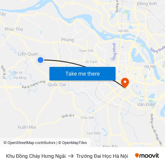 Khu Đồng Cháy Hưng Ngải to Trường Đai Học Hà Nội map