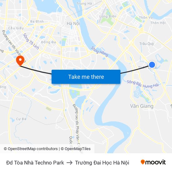 Đd Tòa Nhà Techno Park to Trường Đai Học Hà Nội map