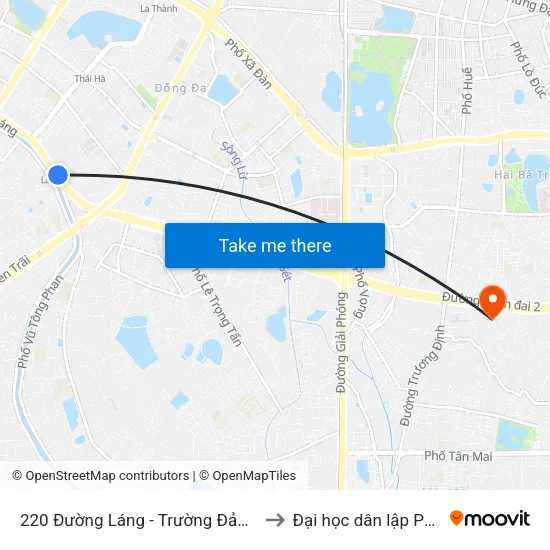 220 Đường Láng - Trường Đảng Lê Hồng Phong to Đại học dân lập Phương Đông map