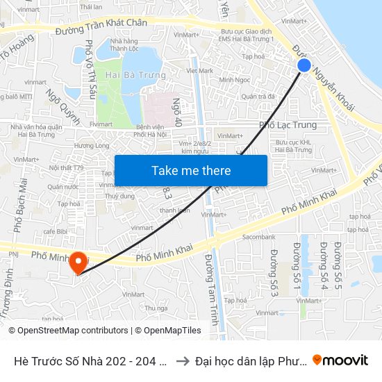 Hè Trước Số Nhà 202 - 204 Nguyễn Khoái to Đại học dân lập Phương Đông map