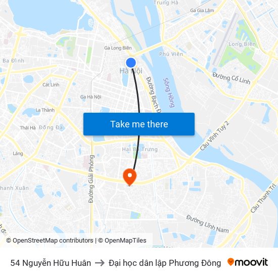54 Nguyễn Hữu Huân to Đại học dân lập Phương Đông map
