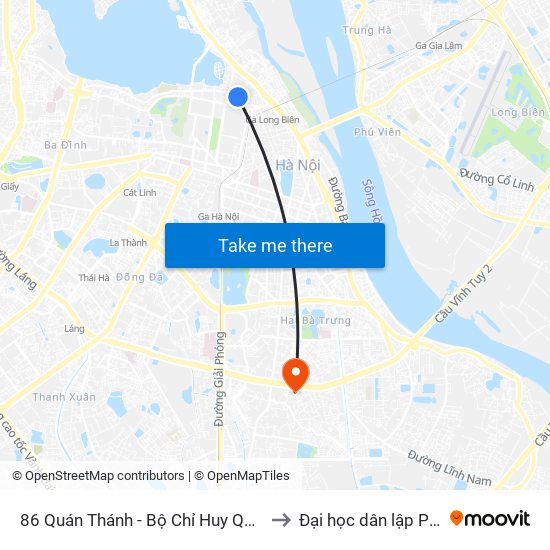 86 Quán Thánh - Bộ Chỉ Huy Quân Sự Quận Ba Đình to Đại học dân lập Phương Đông map