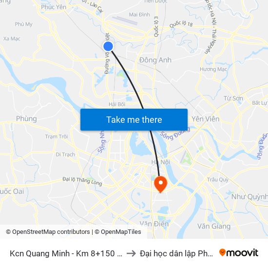 Kcn Quang Minh - Km 8+150 Cao Tốc Btl-Nb to Đại học dân lập Phương Đông map