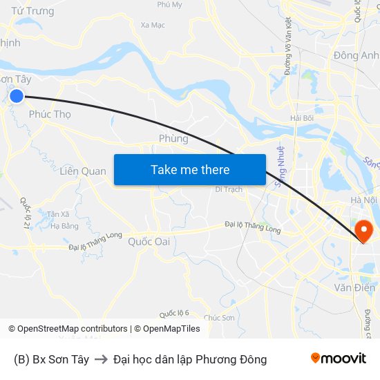 (B) Bx Sơn Tây to Đại học dân lập Phương Đông map