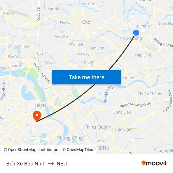 Bến Xe Bắc Ninh to NEU map