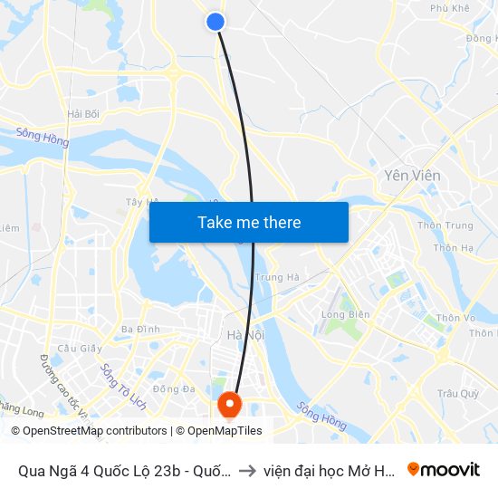 Qua Ngã 4 Quốc Lộ 23b - Quốc Lộ 3 to viện đại học Mở Hà Nội map