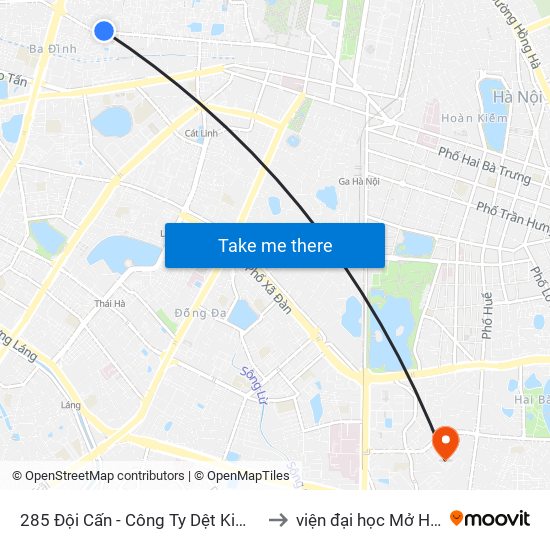 285 Đội Cấn - Công Ty Dệt Kim Hà Nội to viện đại học Mở Hà Nội map