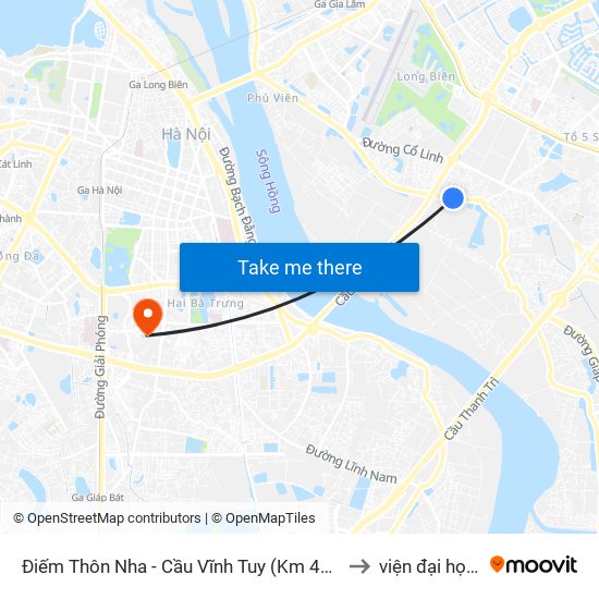 Điếm Thôn Nha - Cầu Vĩnh Tuy (Km 4+500 Đường Long Biên Xuân Quan) to viện đại học Mở Hà Nội map