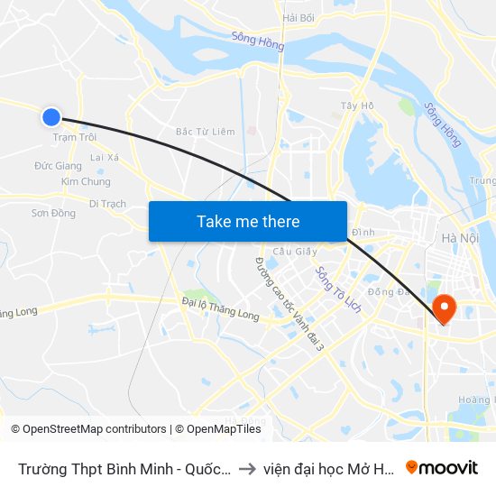 Trường Thpt Bình Minh - Quốc Lộ 32 to viện đại học Mở Hà Nội map